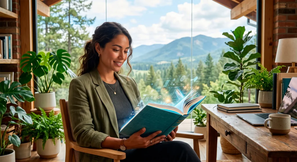 Profissional lendo livro físico com efeitos digitais em home office iluminado com vista para a natureza, ilustrando a aprendizagem contínua no IDESG