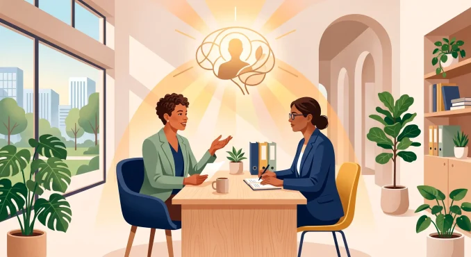 Ilustração editorial em tons de amarelo e azul retratando diálogo empático entre gestora e servidor público, simbolizando a gestão humanizada e o Setembro Amarelo no IDESG